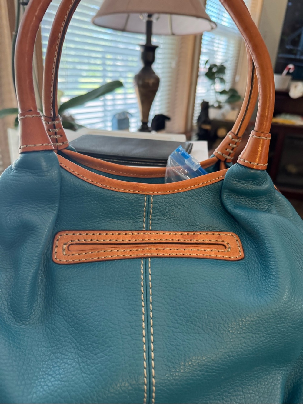 Brighton Teal Leather Top-Handle Women’s Bag with Tan Trim - Picture 3 of 13